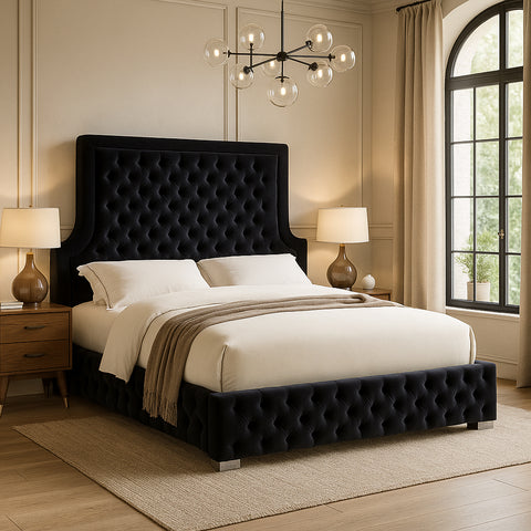 Zadie Black Velvet Upholstered Queen Bed, 1 Piece