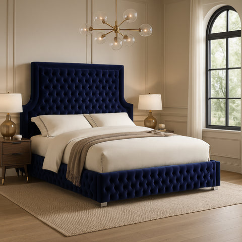 Zadie Navy Velvet Upholstered Queen Bed, 1 Piece