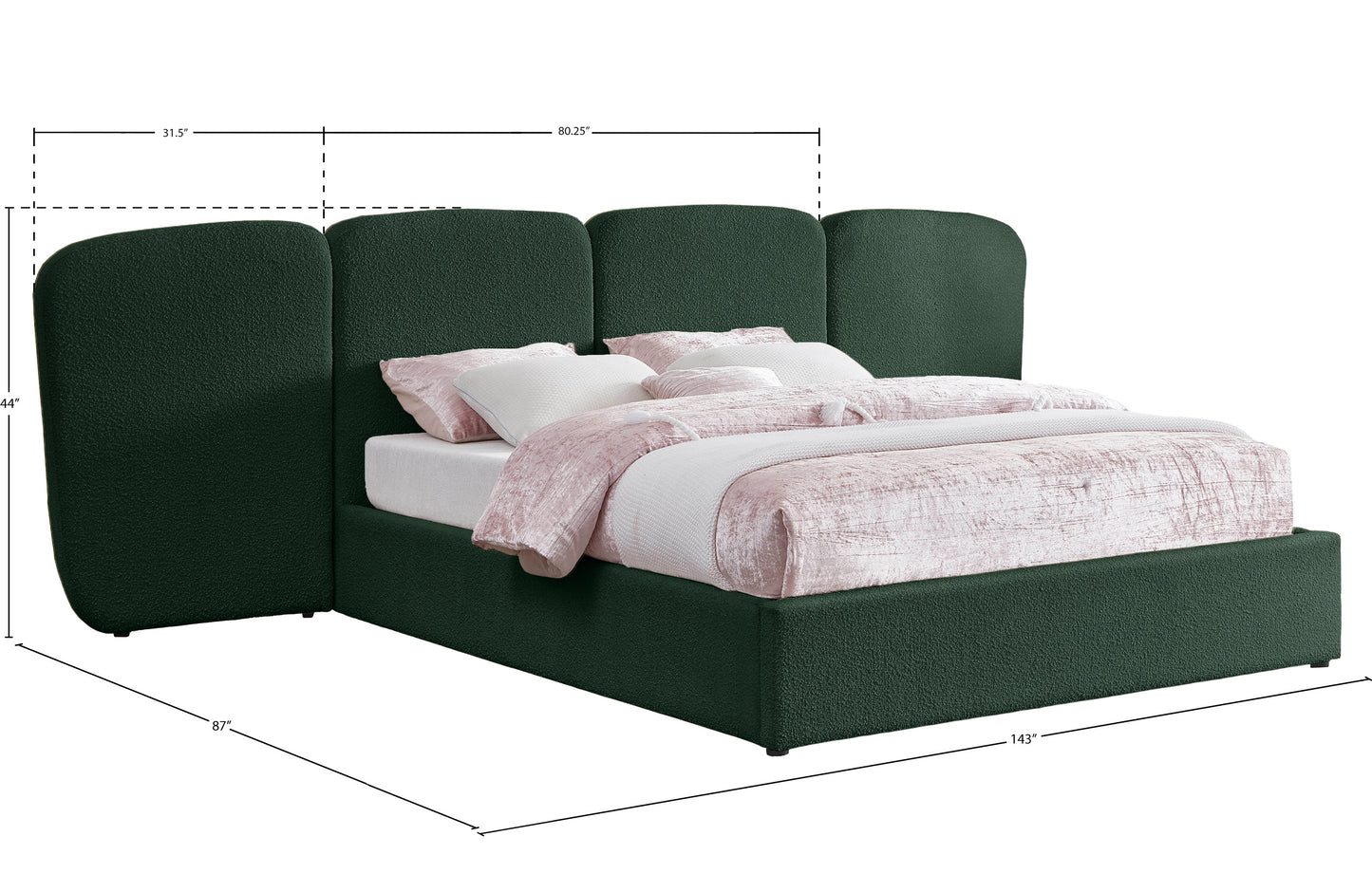 reeves green green boucle fabric king bed (3 boxes)