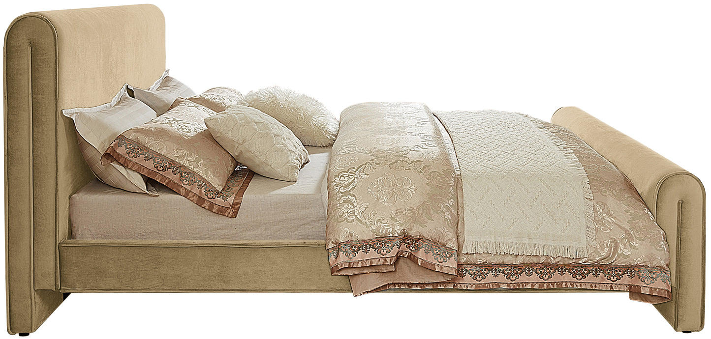 encore camel velvet queen bed (3 boxes) q