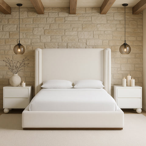 Waverly Cream Linen Textured Fabric Upholstered King Bed, 1 Piece