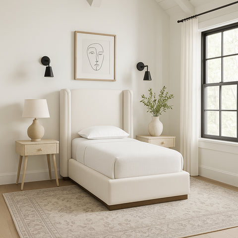 Waverly Cream Linen Textured Fabric Upholstered Twin Bed, 1 Piece