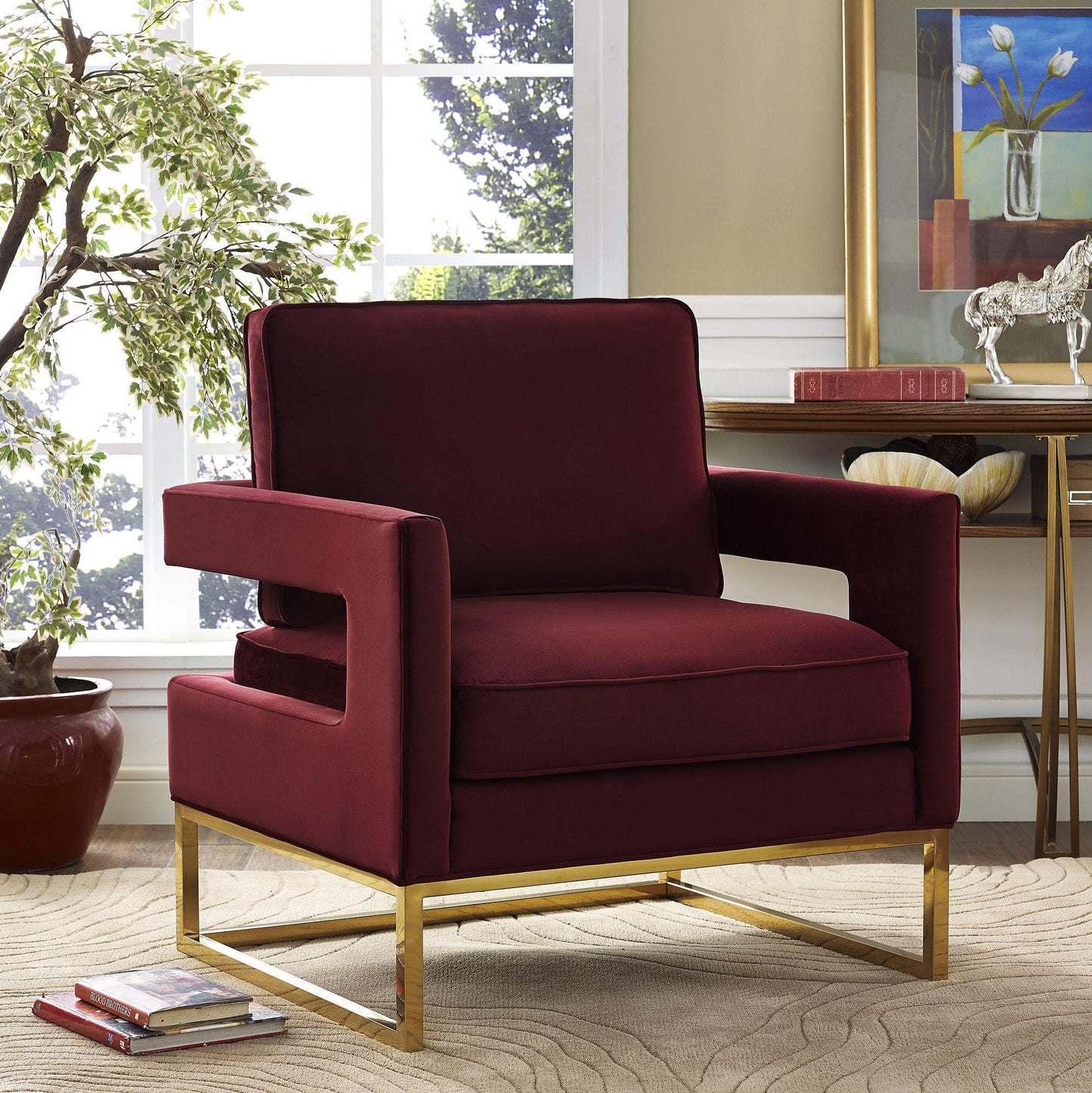 josephine maroon velvet chair with polished gold base