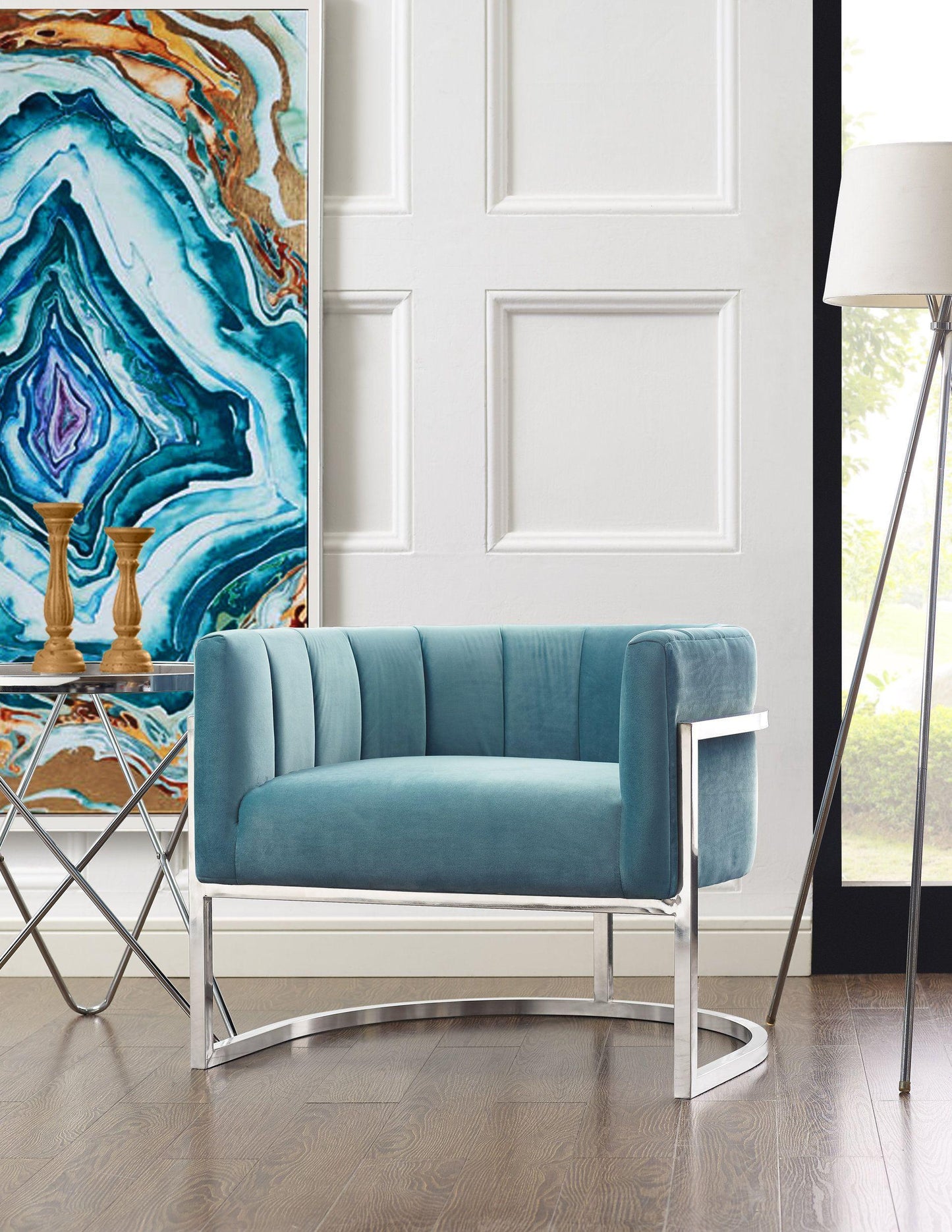 coral sea blue chair with silver base