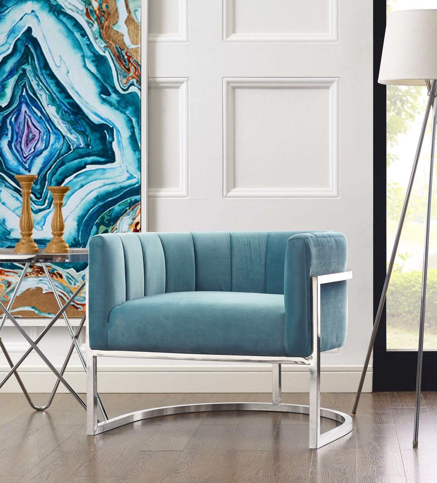 coral sea blue chair with silver base