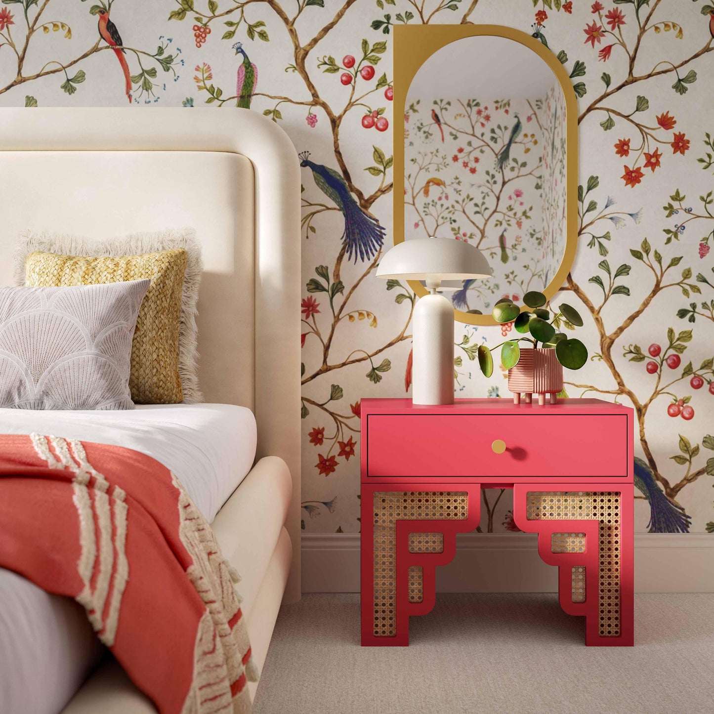 cube coral pink & rattan nightstand