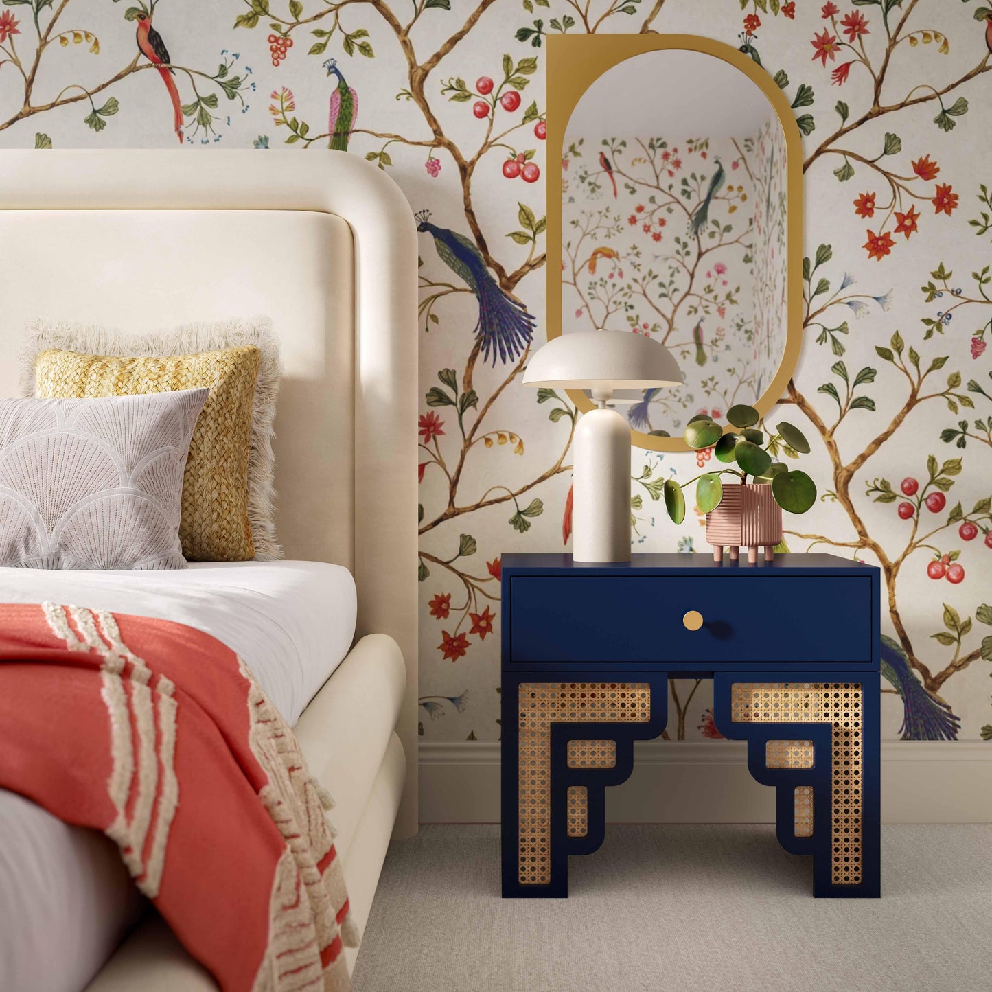 cube navy & rattan nightstand