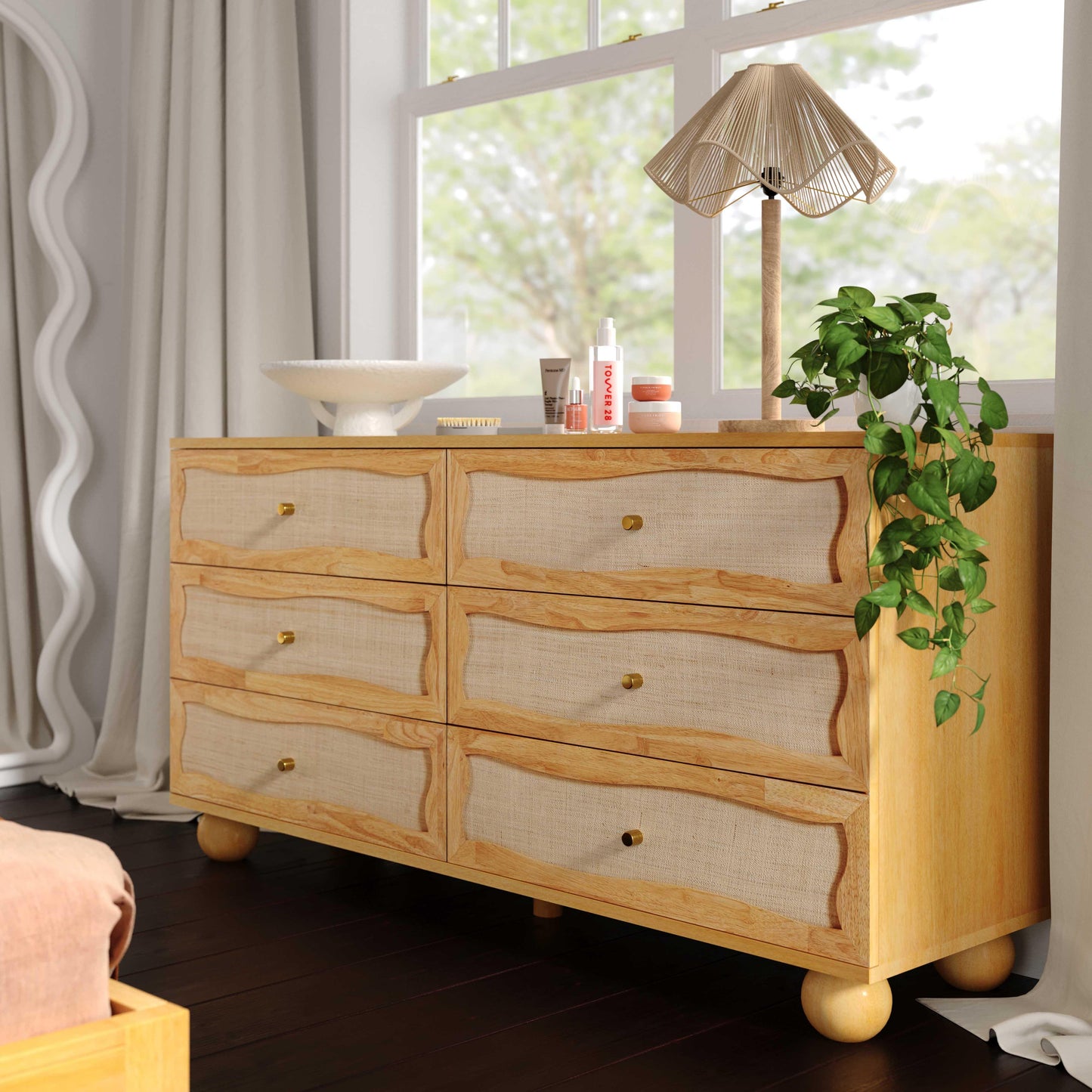 leaf natural wood & rattan wavy dresser