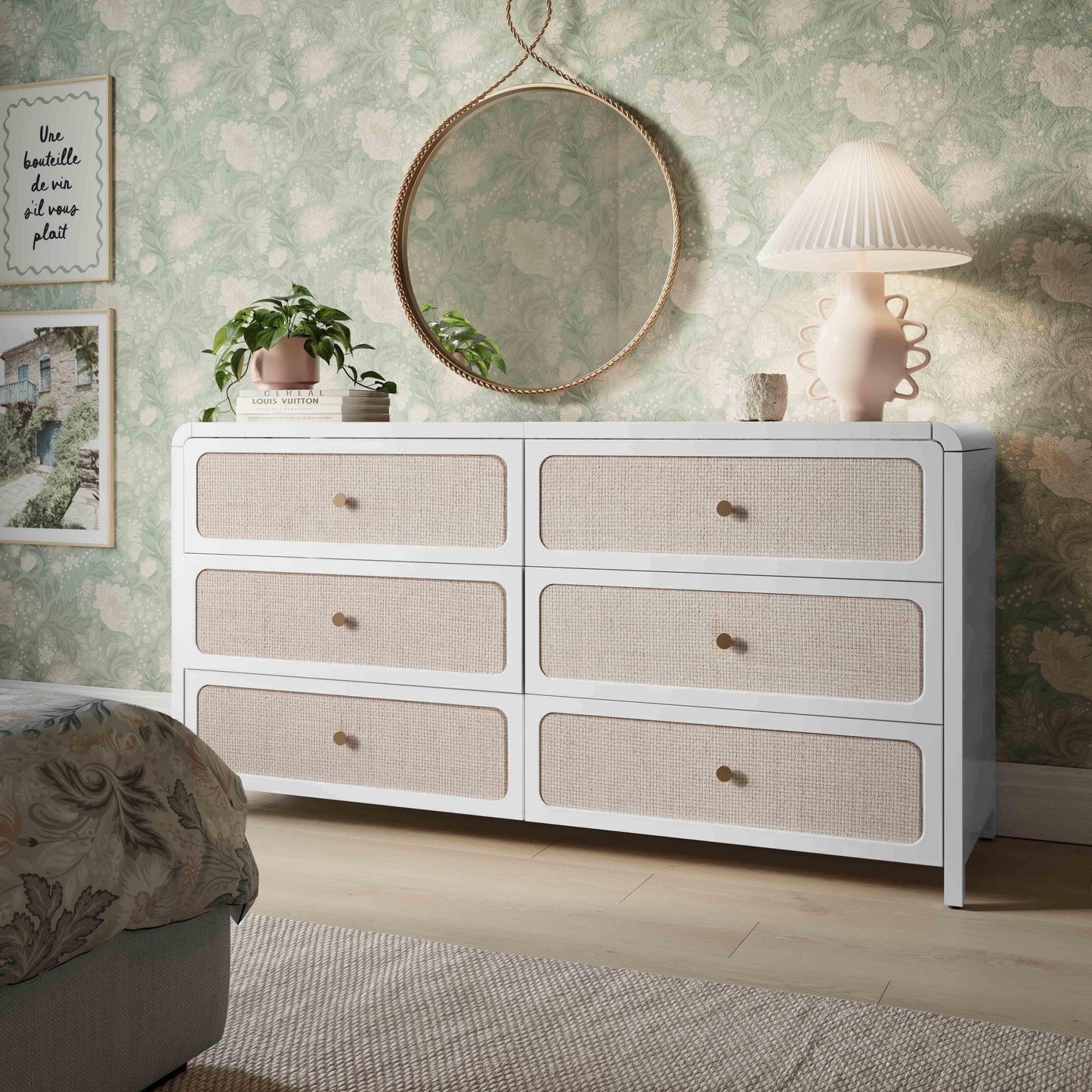 tov white rattan 6 drawer dresser