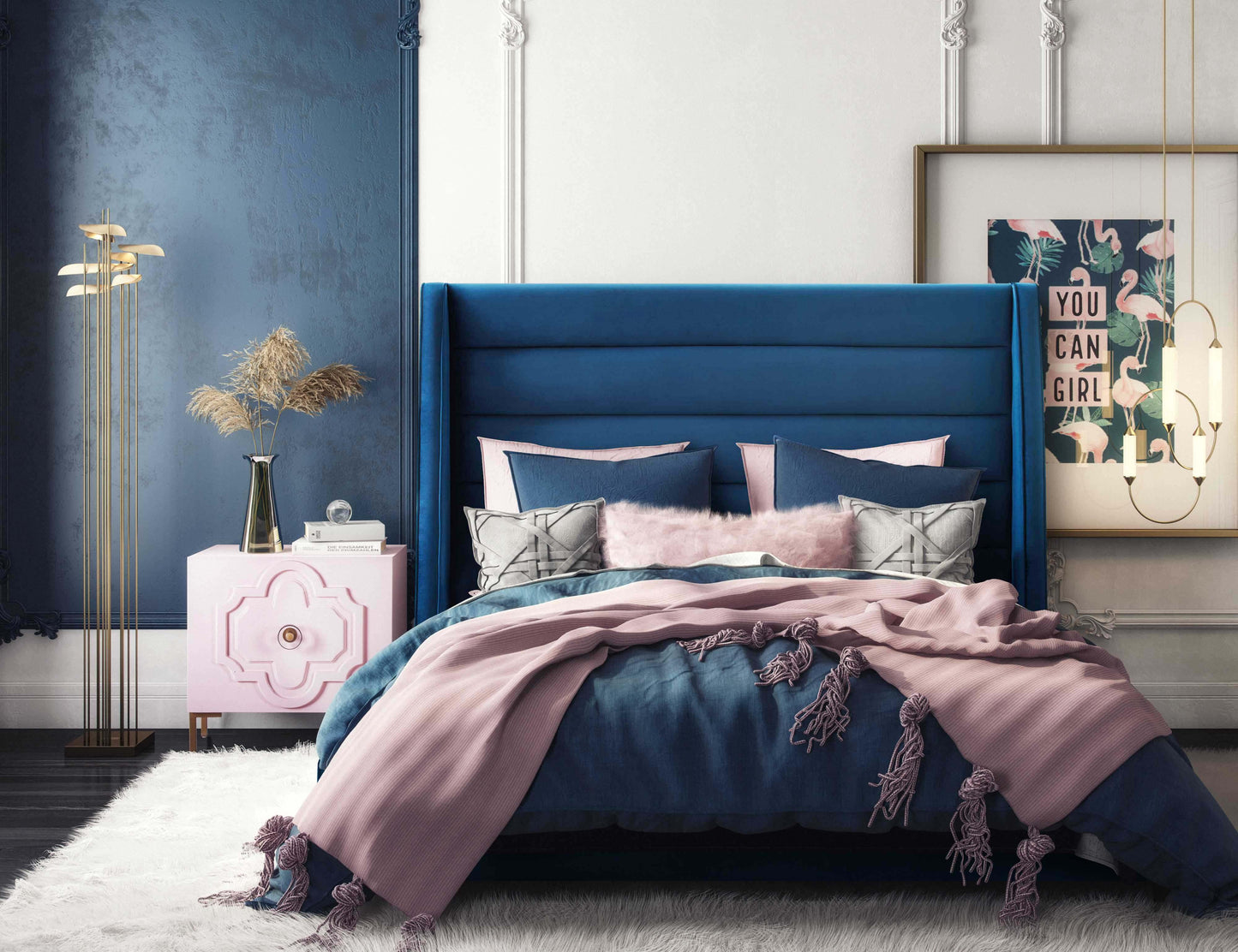 katti navy velvet bed in queen