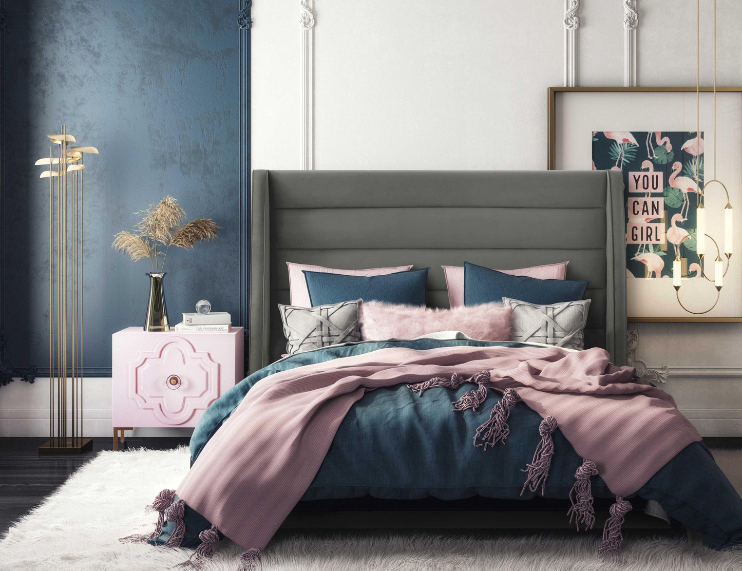 katti grey velvet bed in king