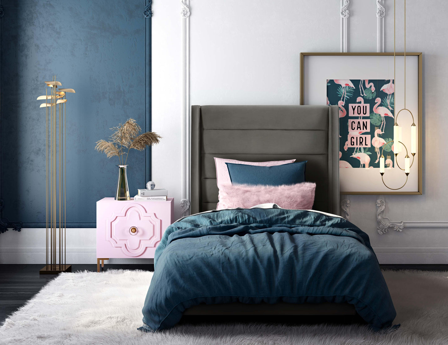 katti grey velvet bed in twin