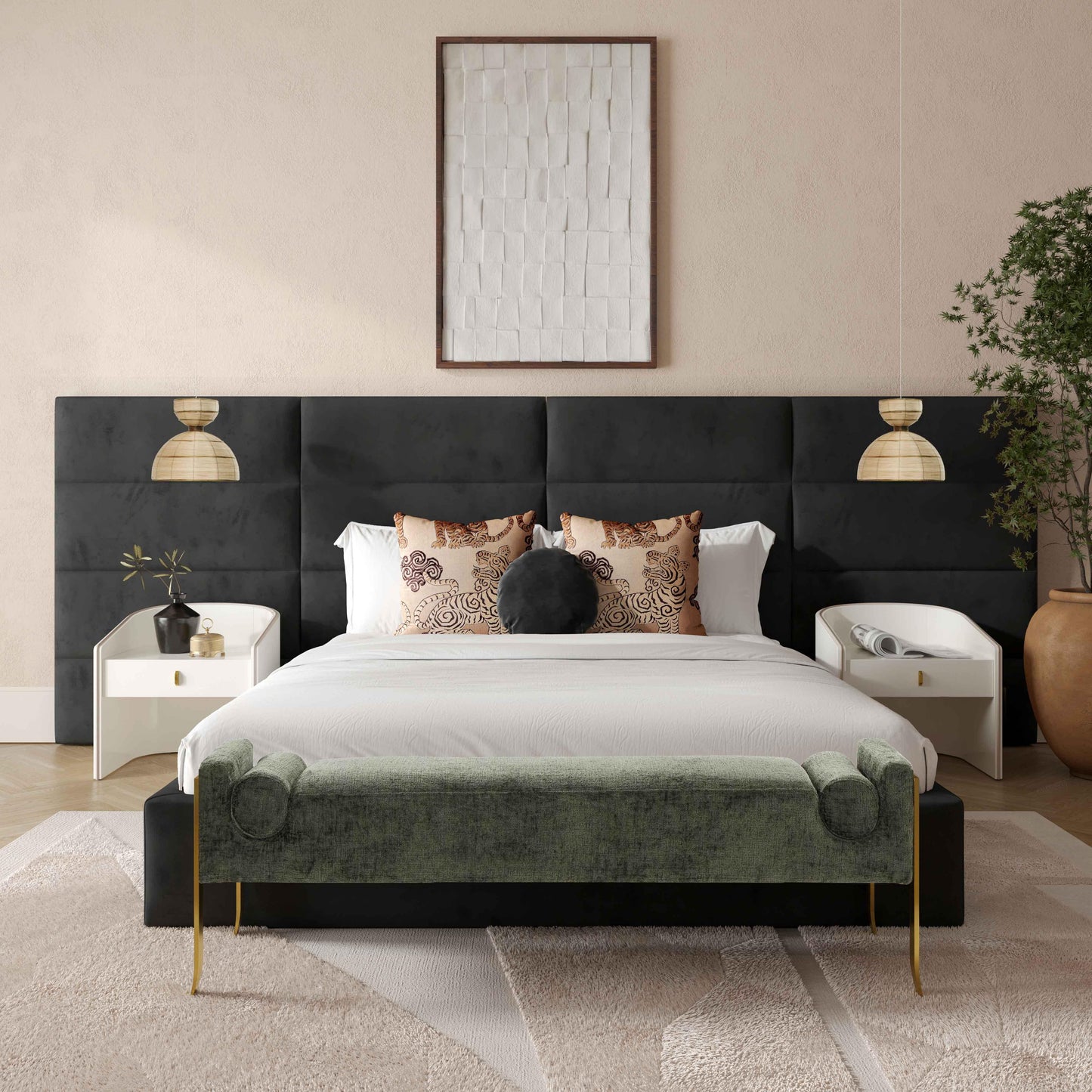 archie black velvet queen bed with wings