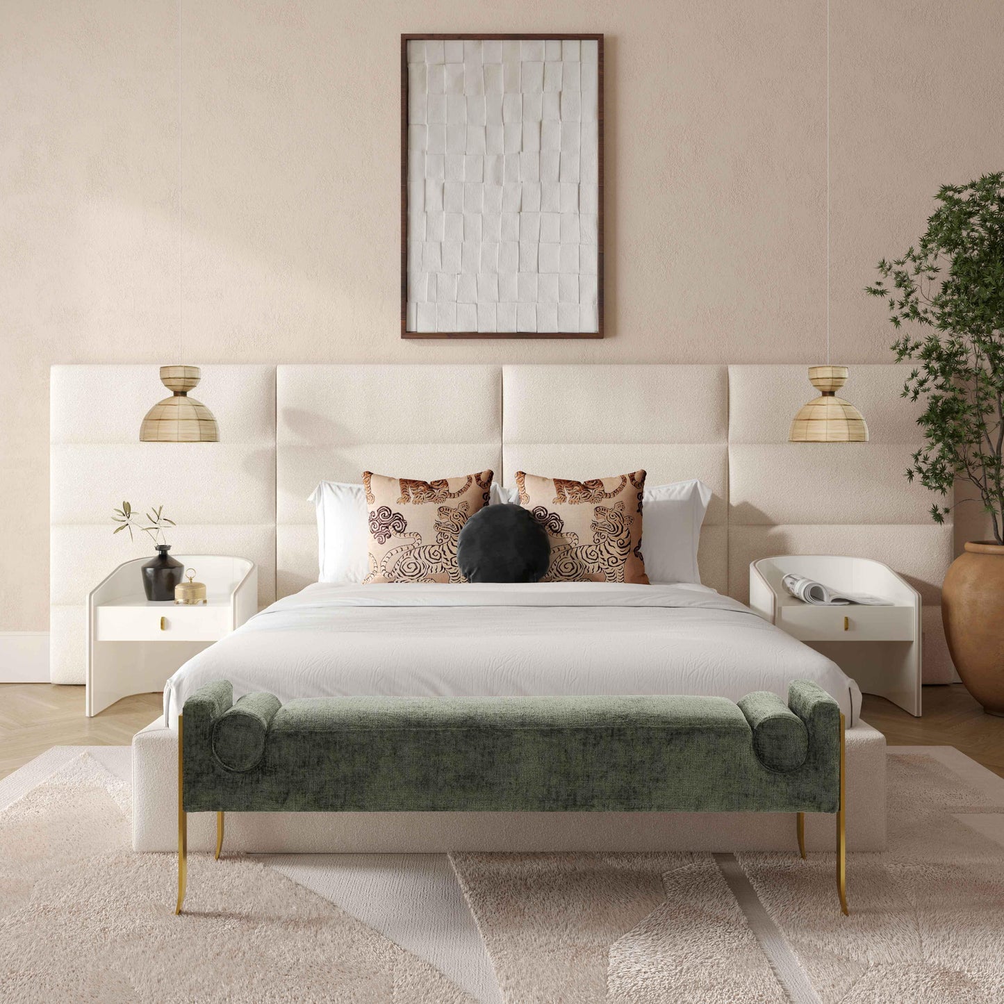 archie cream boucle queen bed with wings