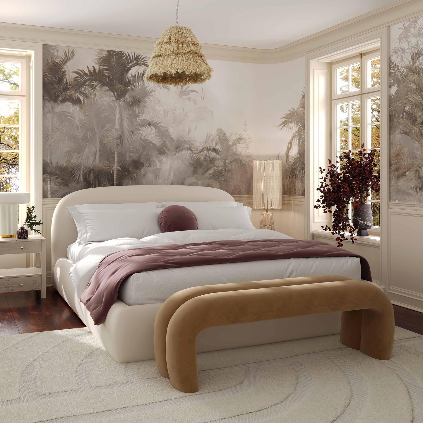 athara cream textured velvet queen bed