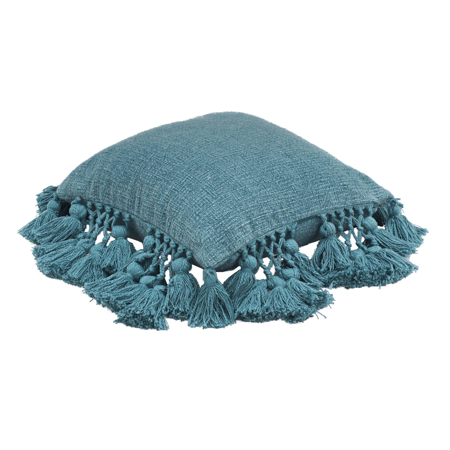 river washed denim blue cotton tasseled pillow