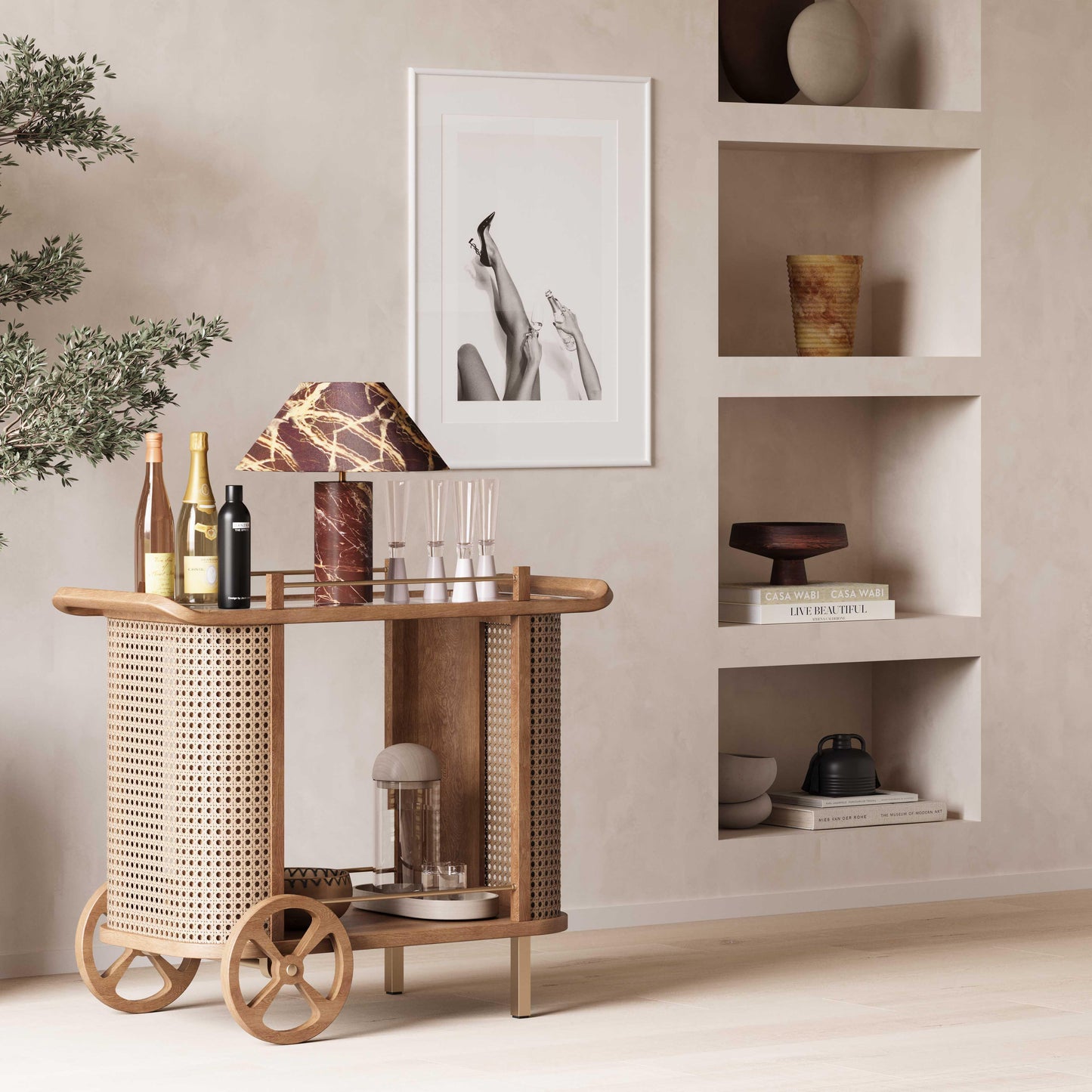 lauren natural rattan bar cart