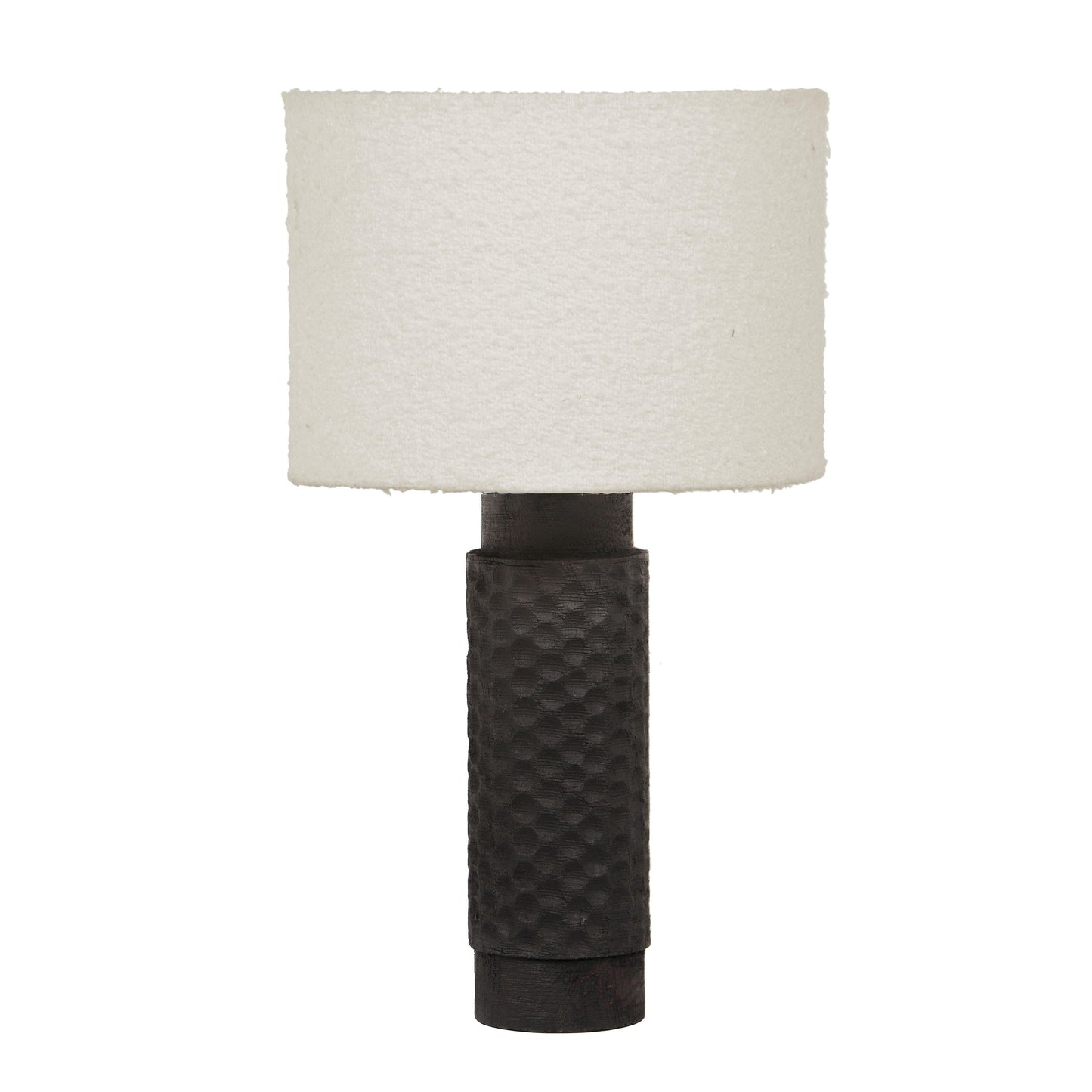 memphis cream boucle & black hand carved wood table lamp