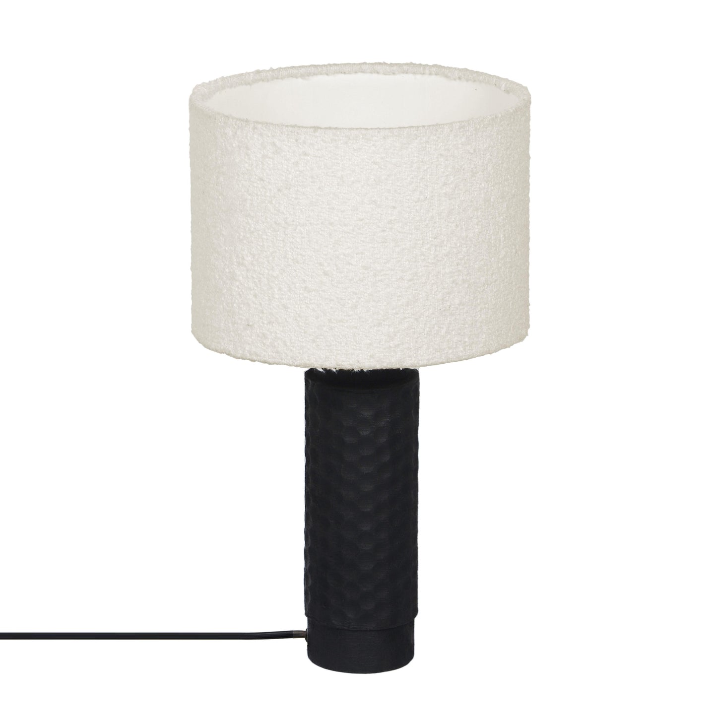 memphis cream boucle & black hand carved wood table lamp