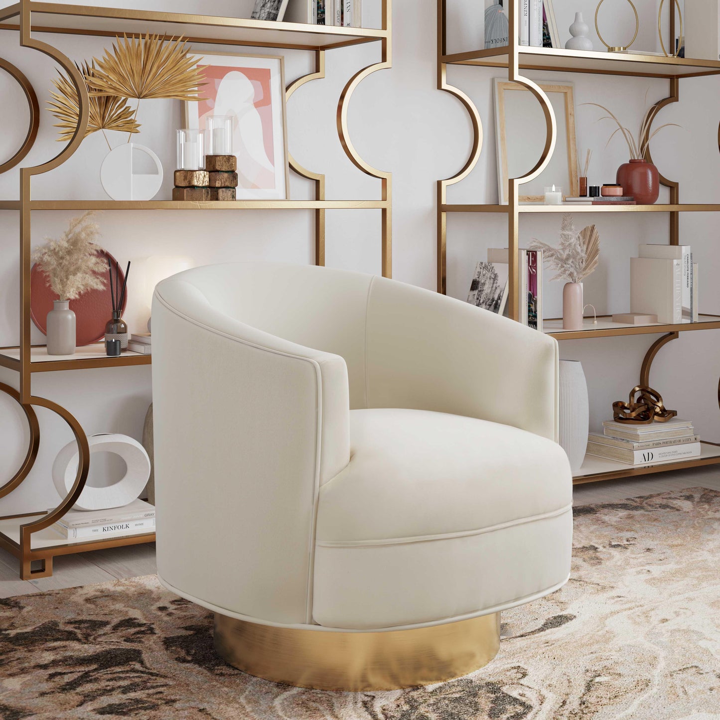 blank cream velvet swivel chair