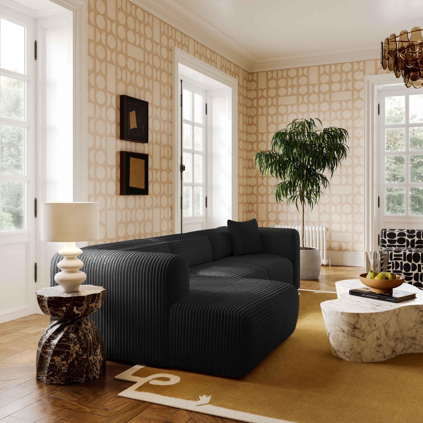 maddie fluffy oversized black corduroy modular laf sectional