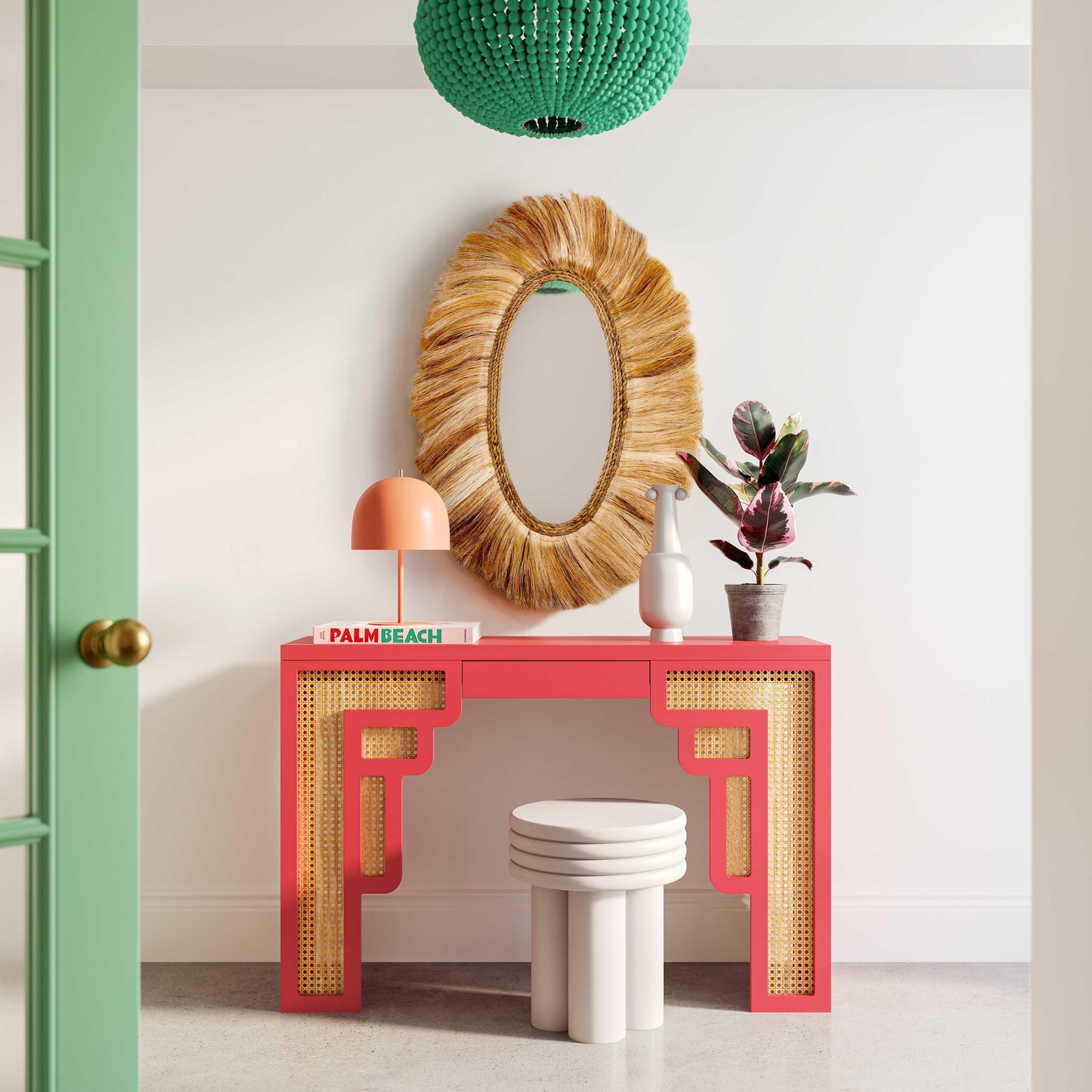 cube coral pink & rattan console table