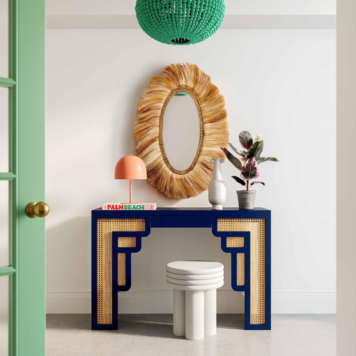 cube navy & rattan console table