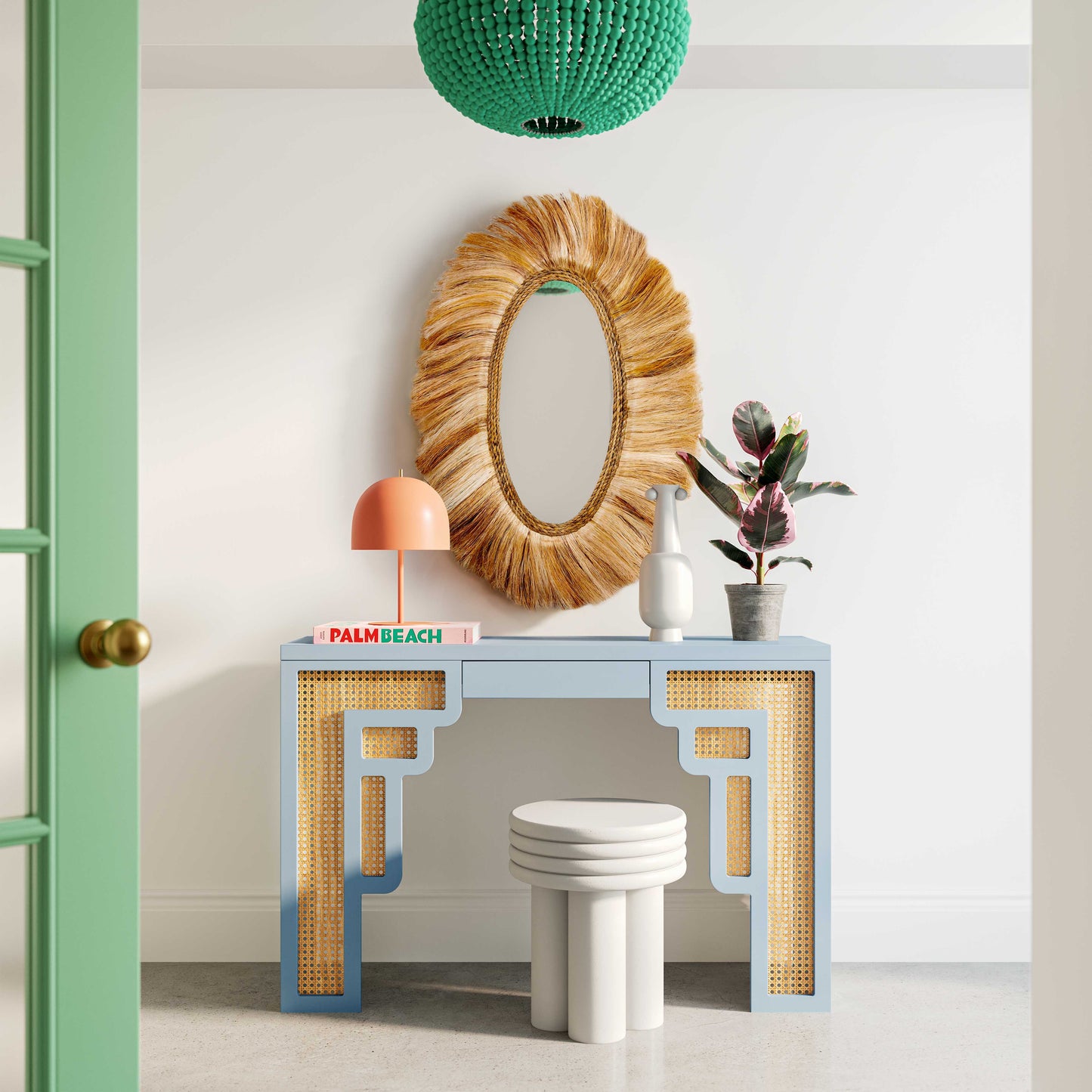 cube pastel blue & rattan console table