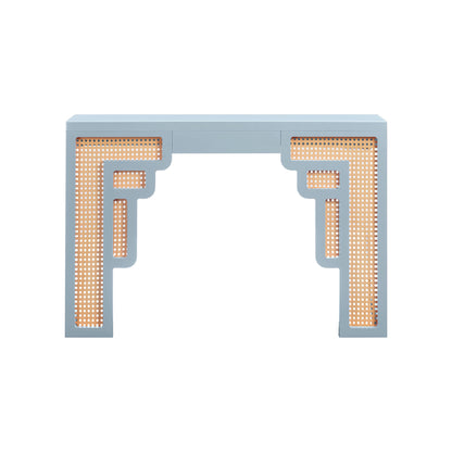 Cube Pastel Blue & Rattan Console Table