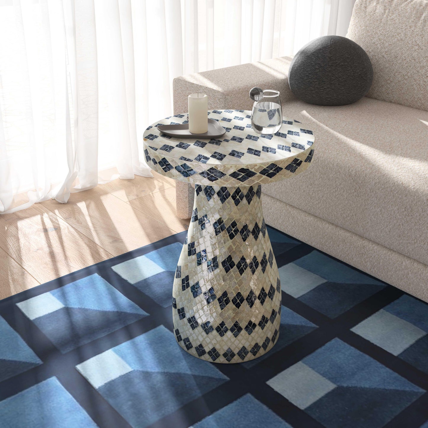 dunes cream & blue checkered shell side table