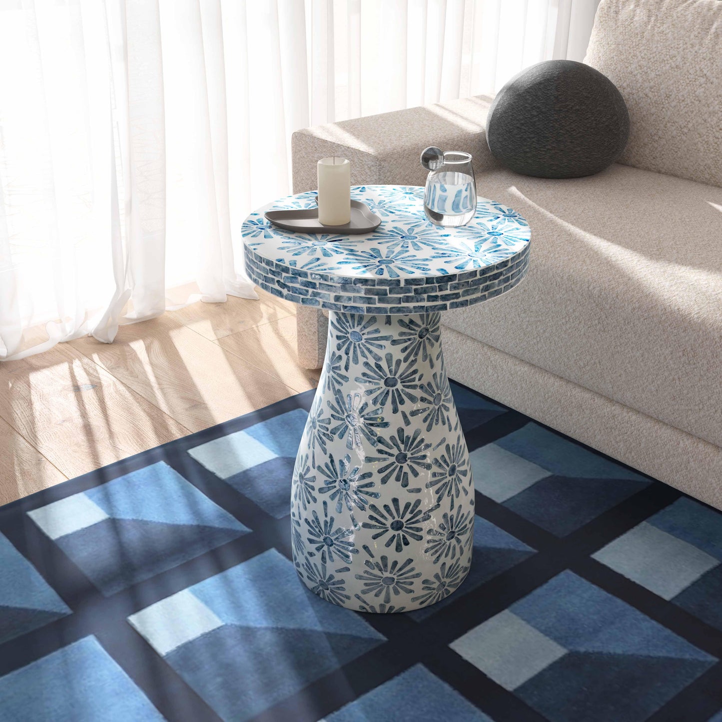 dunes blue floral shell side table