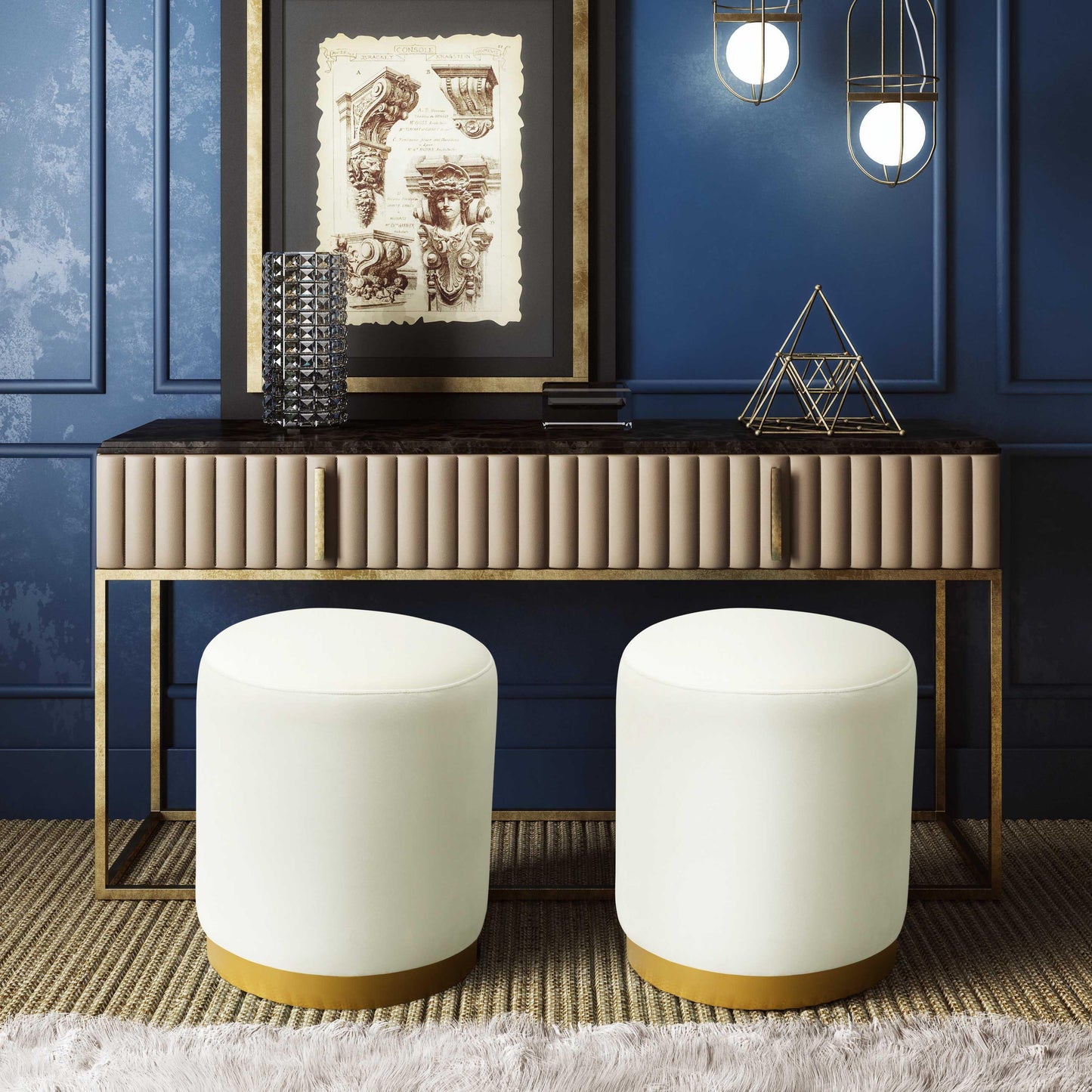 chelsea cream velvet ottoman with gold base