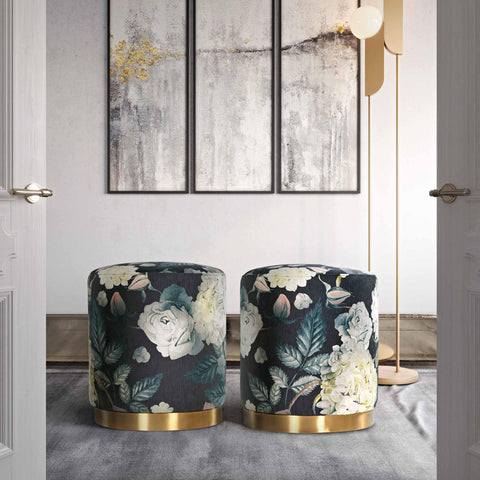 Chelsea Floral Velvet Ottoman with Gold Base