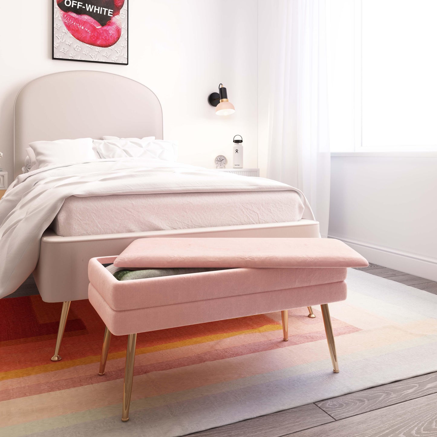 nova blush velvet storage bench