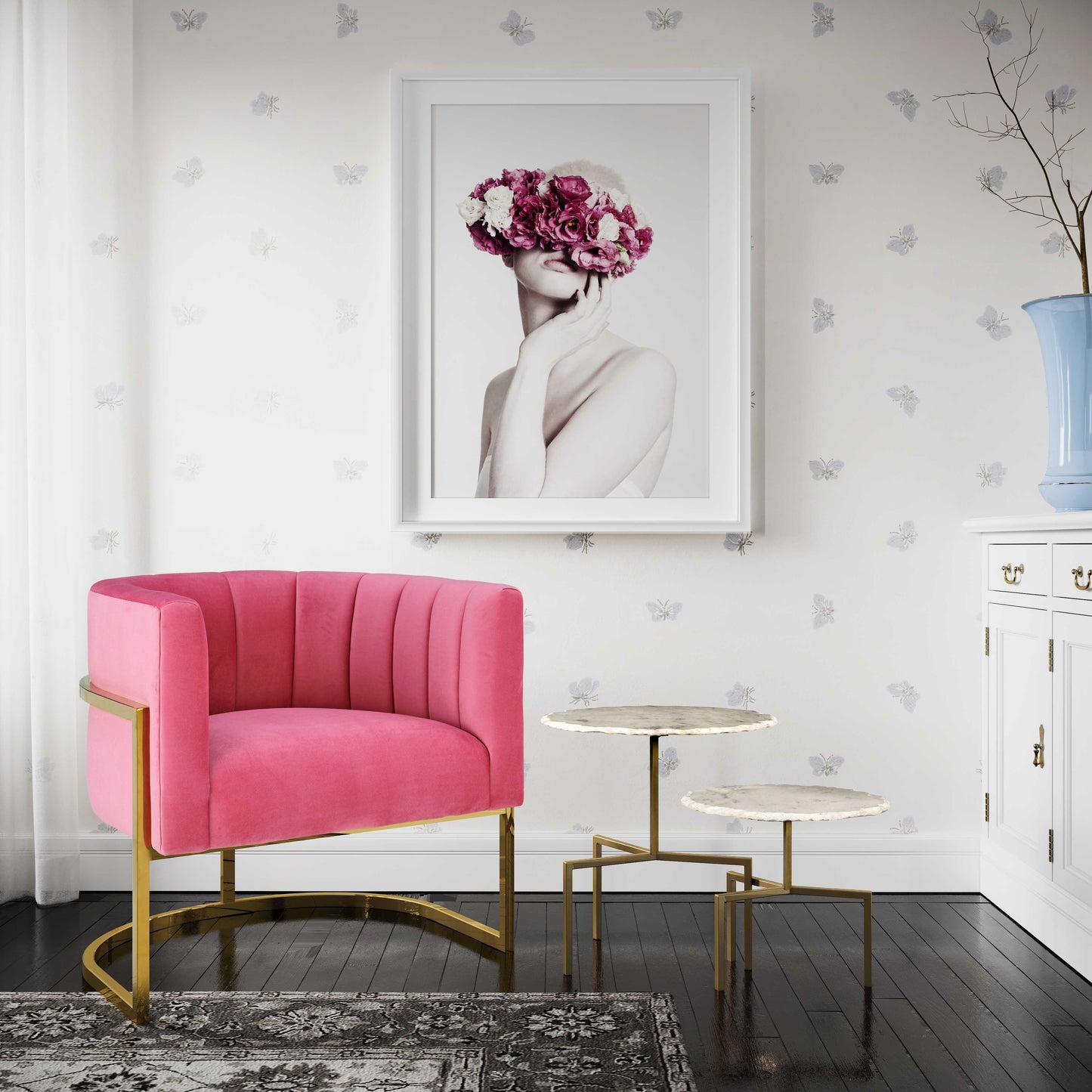 coral rose pink velvet chair