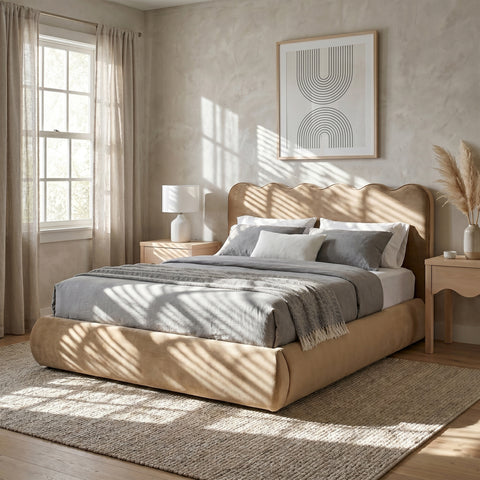 Indie Beige Velvet Upholstered Queen Bed, 1 Piece (Style 2)