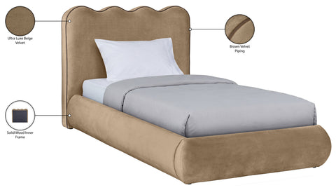 Indie Beige Velvet Upholstered Twin Bed, 1 Piece (Style 2)