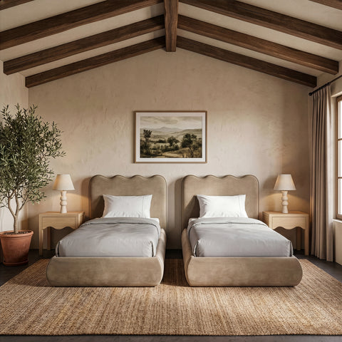 Indie Beige Velvet Upholstered Twin Bed, 1 Piece (Style 2)