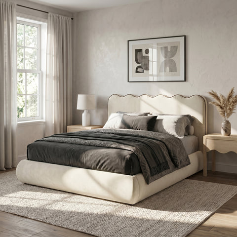 Indie Cream Velvet Upholstered Queen Bed, 1 Piece (Style 2)