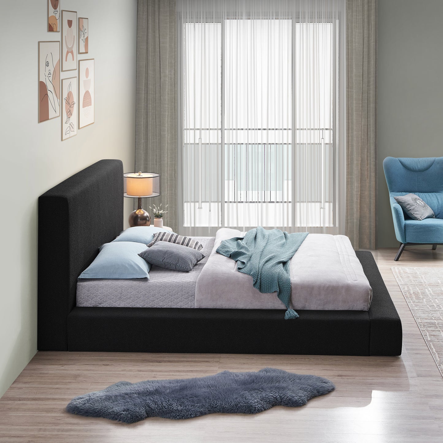 nube black boucle fabric king bed k