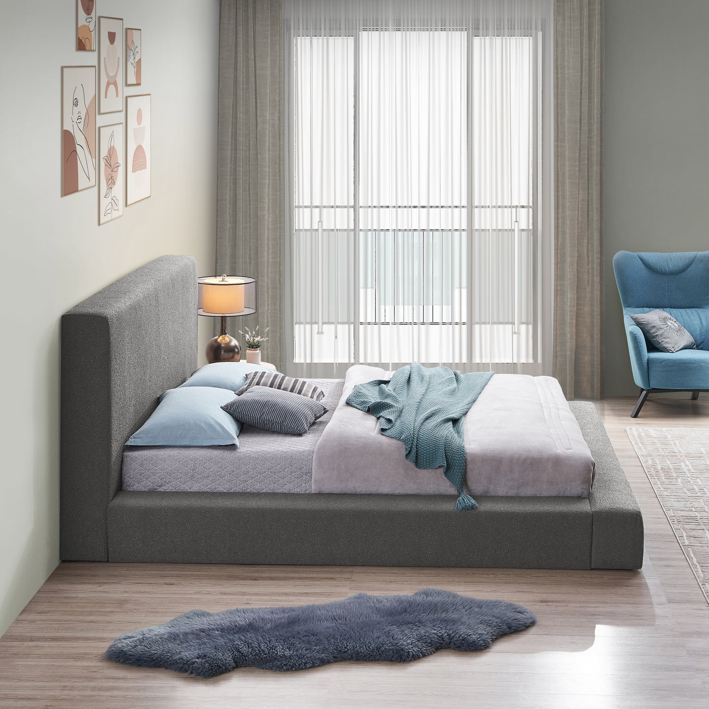 nube grey boucle fabric king bed k