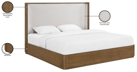 Florence Brown / Cream Solid Wood And Linen Textured Fabric King Bed, 1 Piece