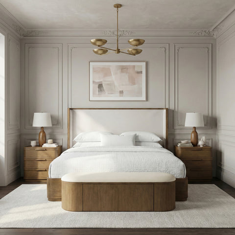 Florence Brown / Cream Solid Wood And Linen Textured Fabric King Bed, 1 Piece