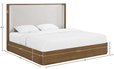 Florence Brown / Cream Solid Wood And Linen Textured Fabric Queen Bed, 1 Piece
