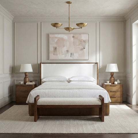 Florence Brown / Cream Solid Wood And Linen Textured Fabric Queen Bed, 1 Piece