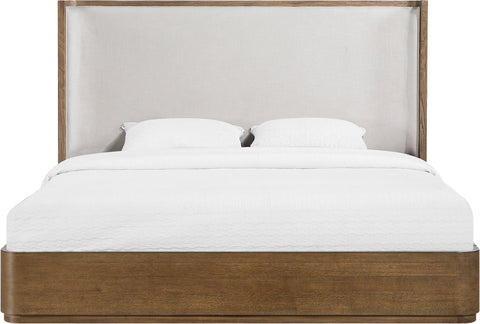 Florence Brown / Cream Solid Wood And Linen Textured Fabric Queen Bed, 1 Piece