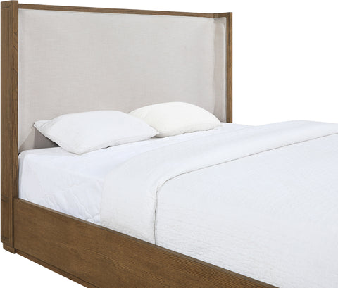 Florence Brown / Cream Solid Wood And Linen Textured Fabric Queen Bed, 1 Piece