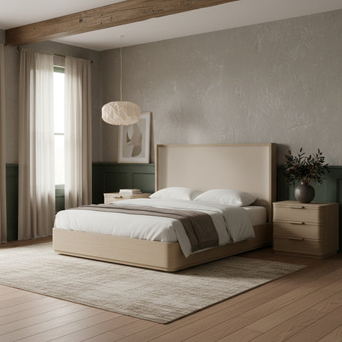 Florence Natural / Cream Solid Wood And Linen Textured Fabric King Bed, 1 Piece