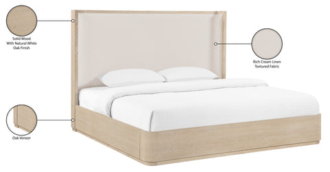 Florence Natural / Cream Solid Wood And Linen Textured Fabric Queen Bed, 1 Piece