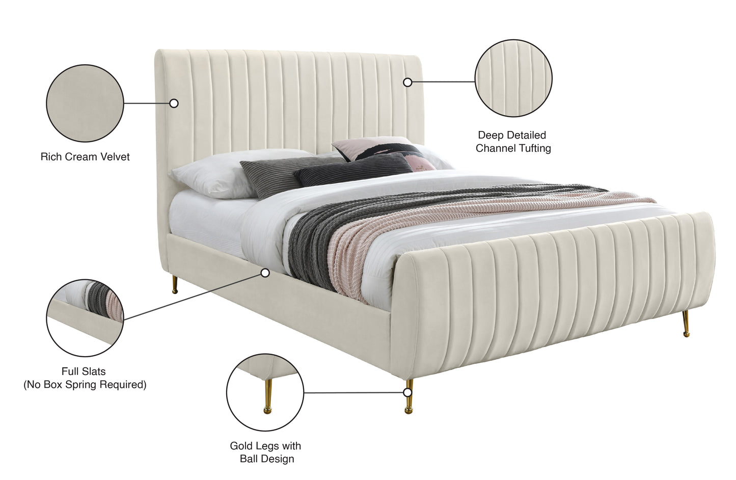 arc cream velvet queen bed (3 boxes) q